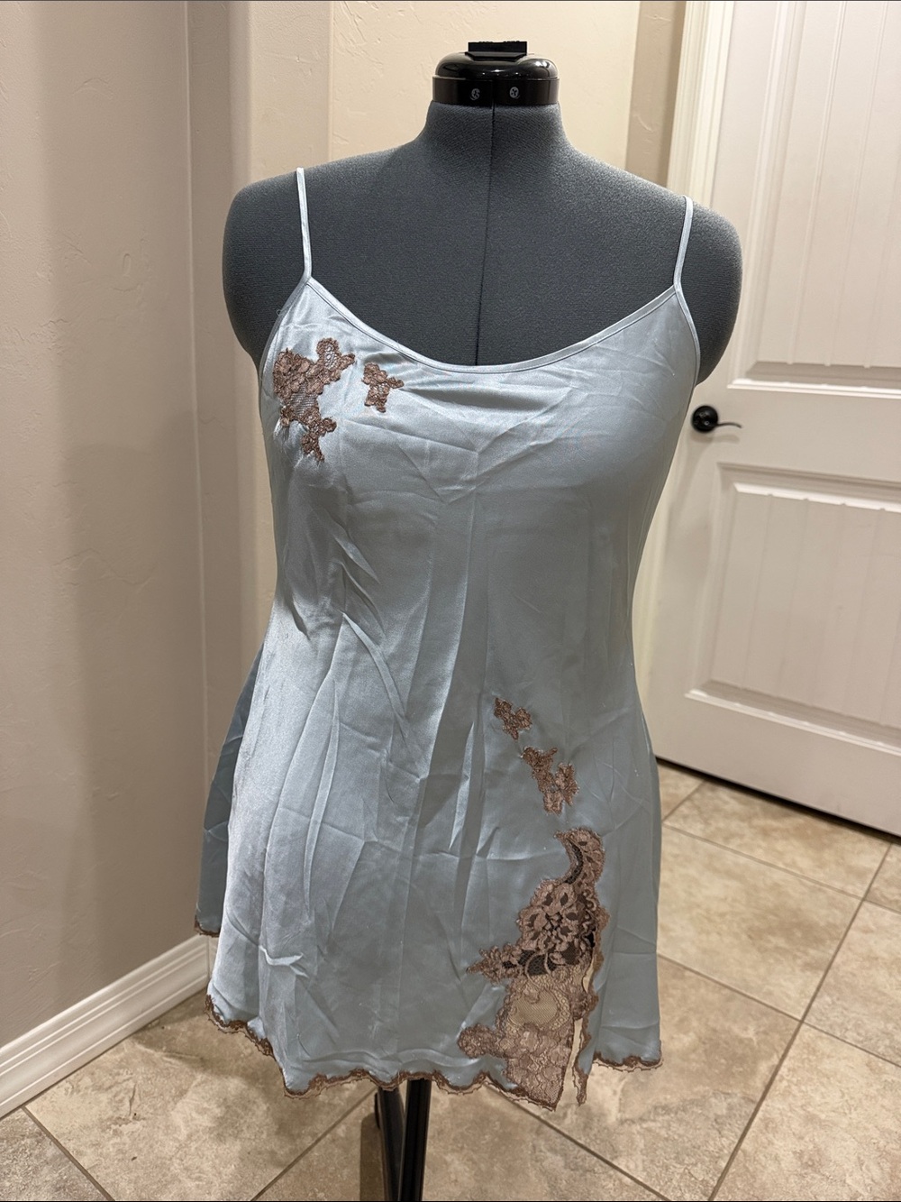 Victoria's Secret Pale Blue Satin Slip with Brown Lace Detail